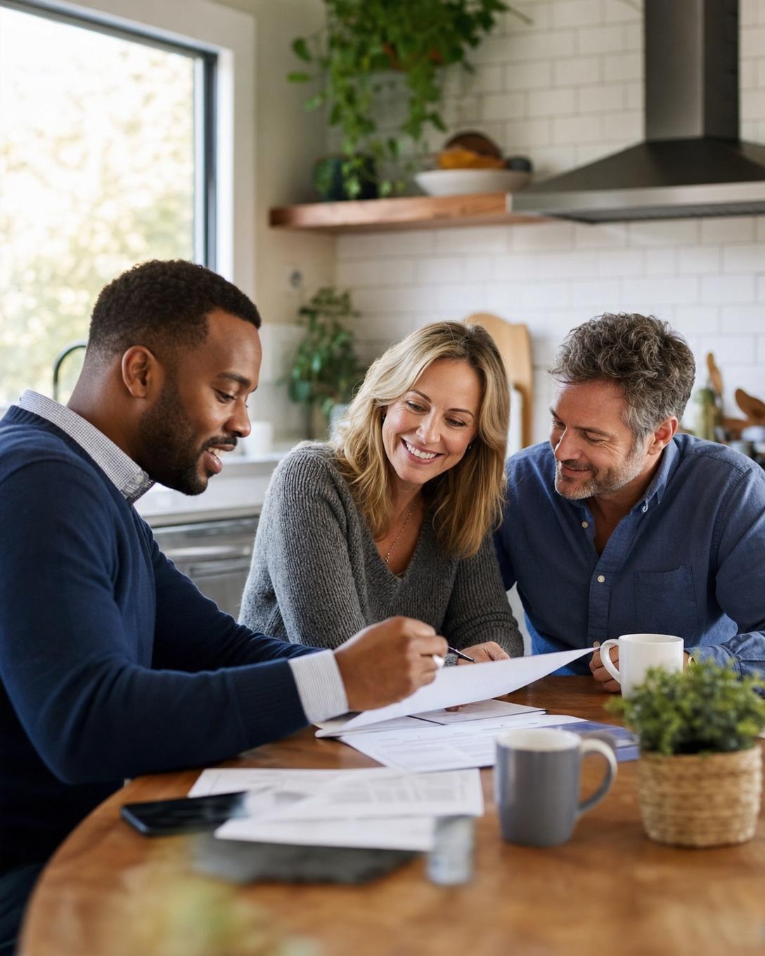 A home buyer reviewing paperwork with a couple at their kitchen table