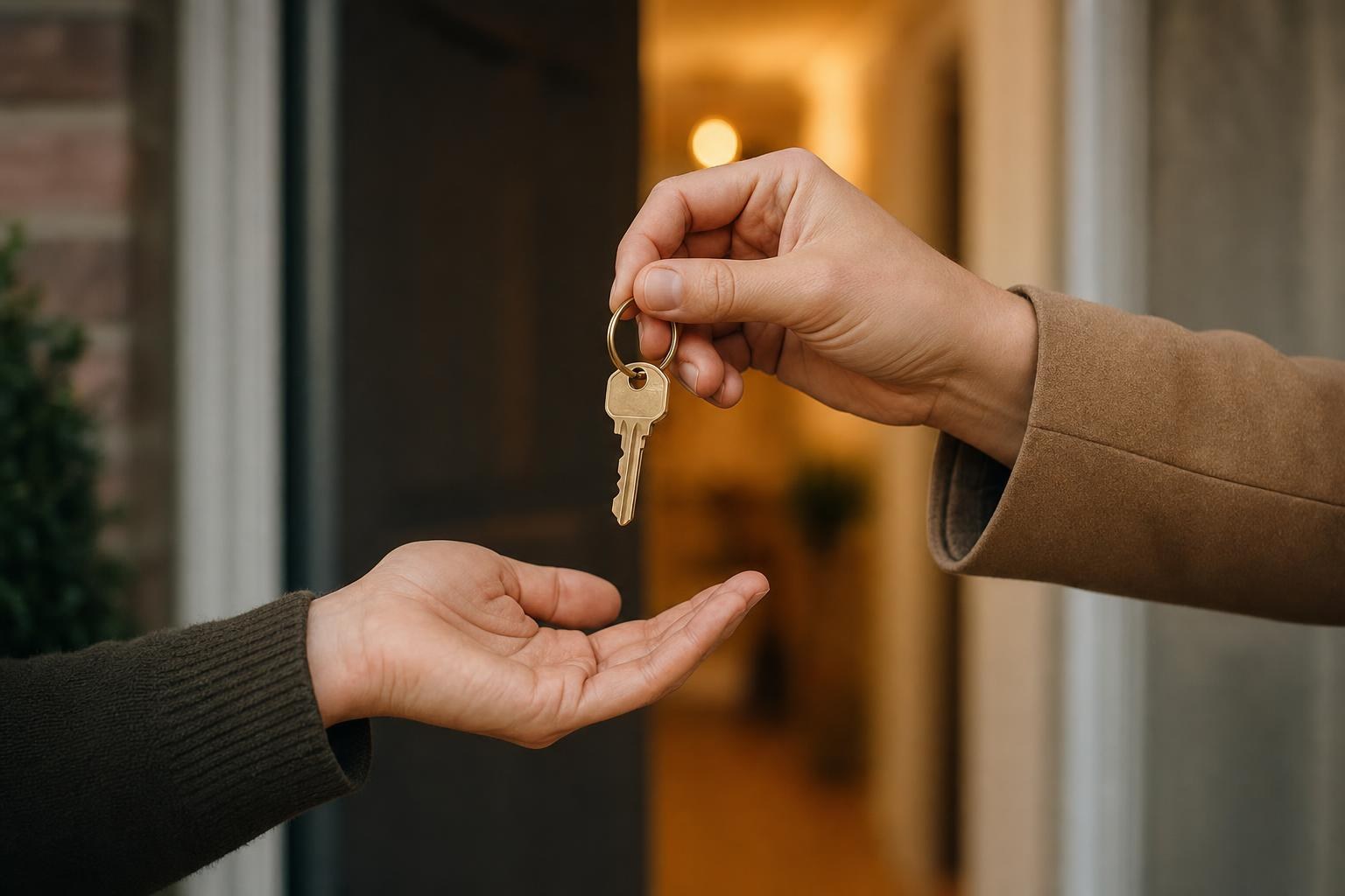 A house key being handed over at the front door of a home